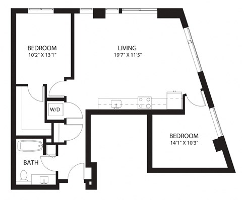 Floor plan for 1 bed, 1 bath, 992 sqft
